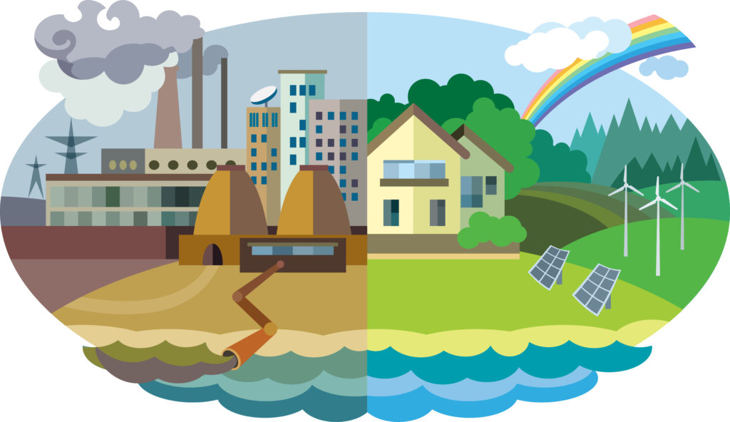 Flat design vector concept illustration: urban and village landscape. Environmental pollution and environment protection