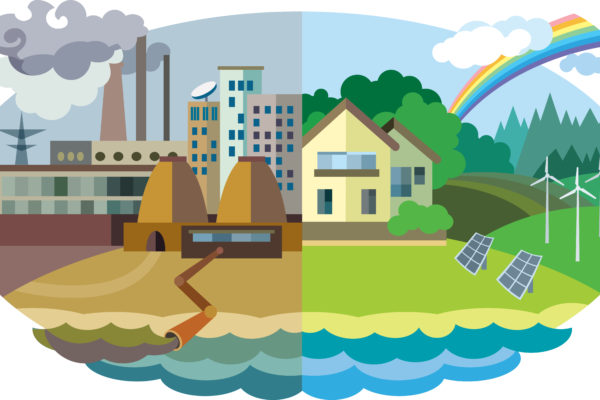 Flat design vector concept illustration: urban and village landscape. Environmental pollution and environment protection